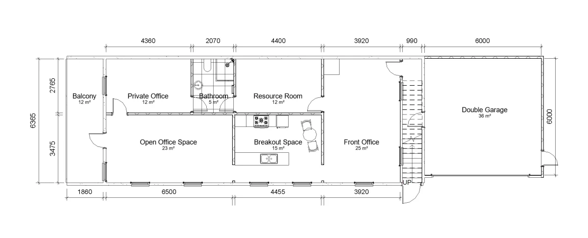 Floorplan of the Burleigh Heads office for lease showing offices, breakout, balcony and garage